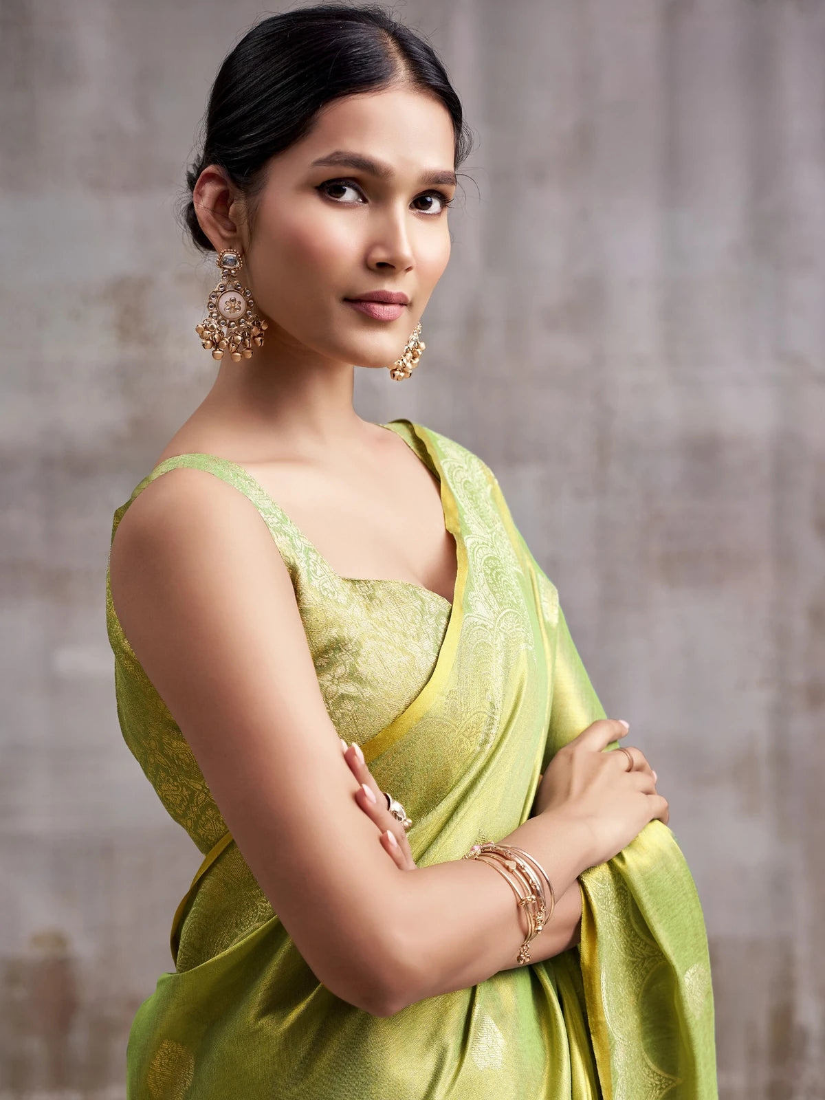 Tarani green tissue silk saree side view highlighting woven border