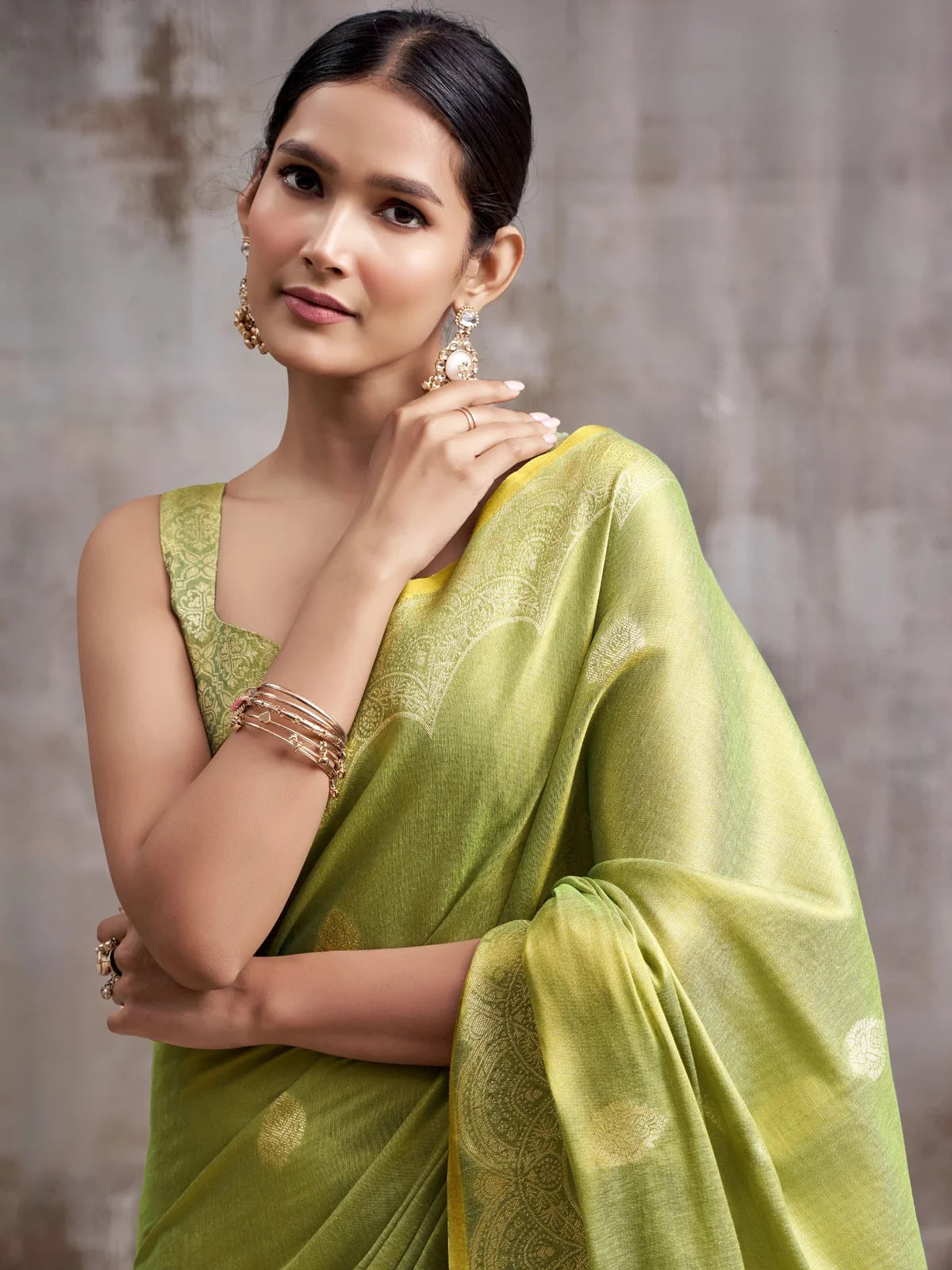 Tarani green tissue silk saree upper body view showing border and blouse