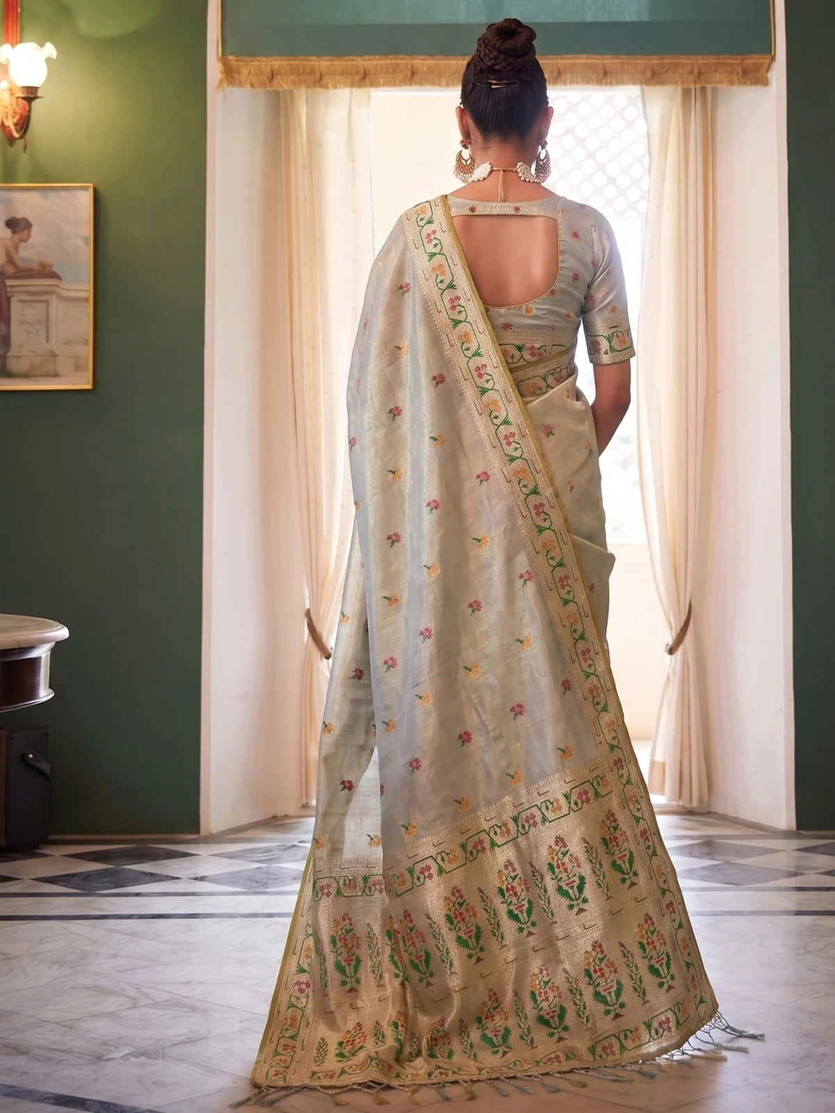 Tarani Lipika grey tissue silk saree back view with woven border, pallu and matching blouse