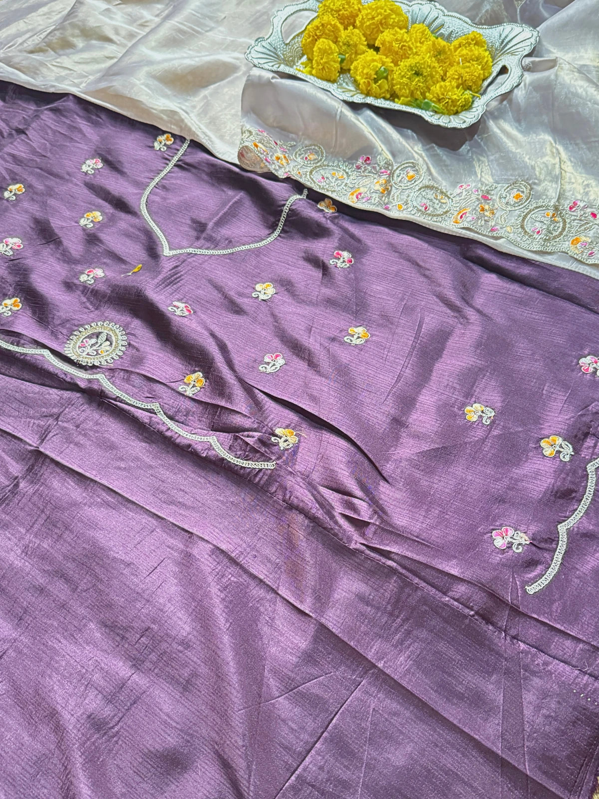 Tarani lavender tissue silk saree blouse view with matching purple blouse and design detailing