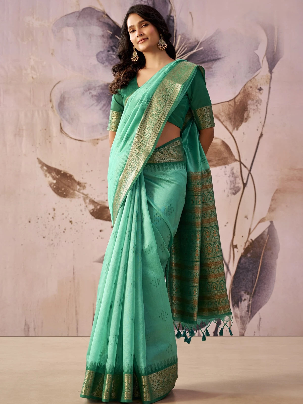Tarani mint green tissue silk saree front drape with jacquard pallu and woven border