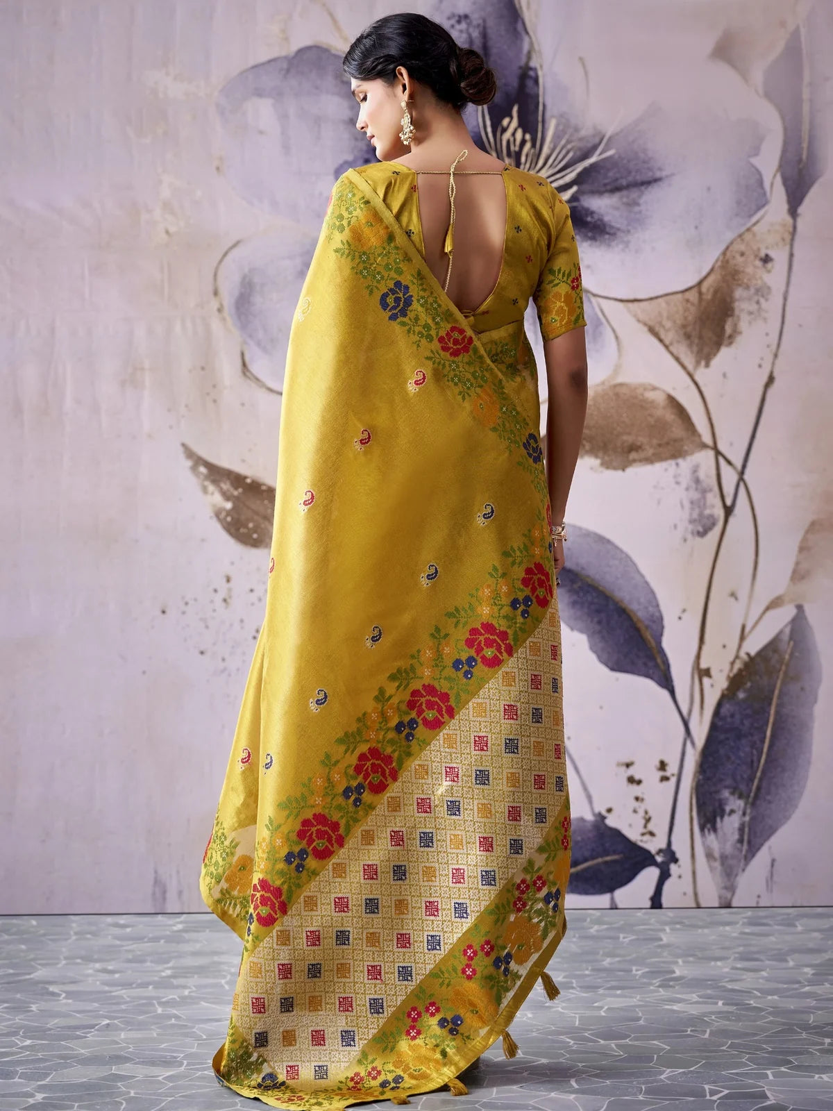 Tarani mustard tissue silk saree back view with blouse design