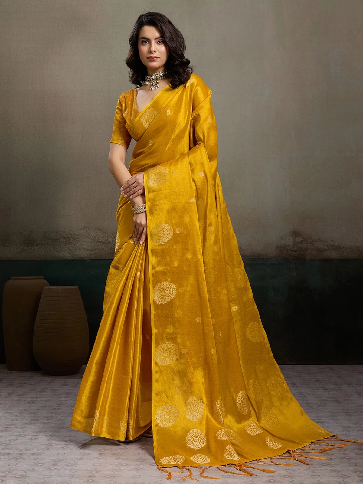 Tarani mustard tissue silk saree Shefali full view with woven motifs and blouse