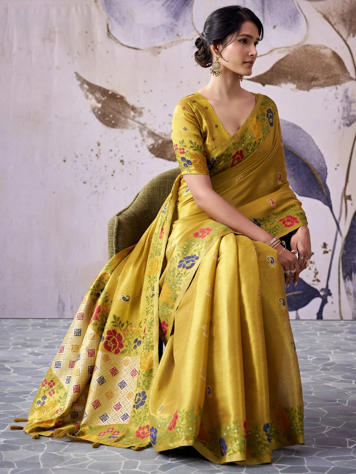 Tarani mustard tissue silk saree side pose highlighting border