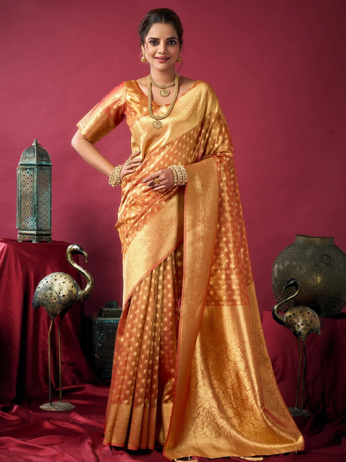 Tarani orange tissue silk saree with zhallar full view party and wedding saree for women Ameya