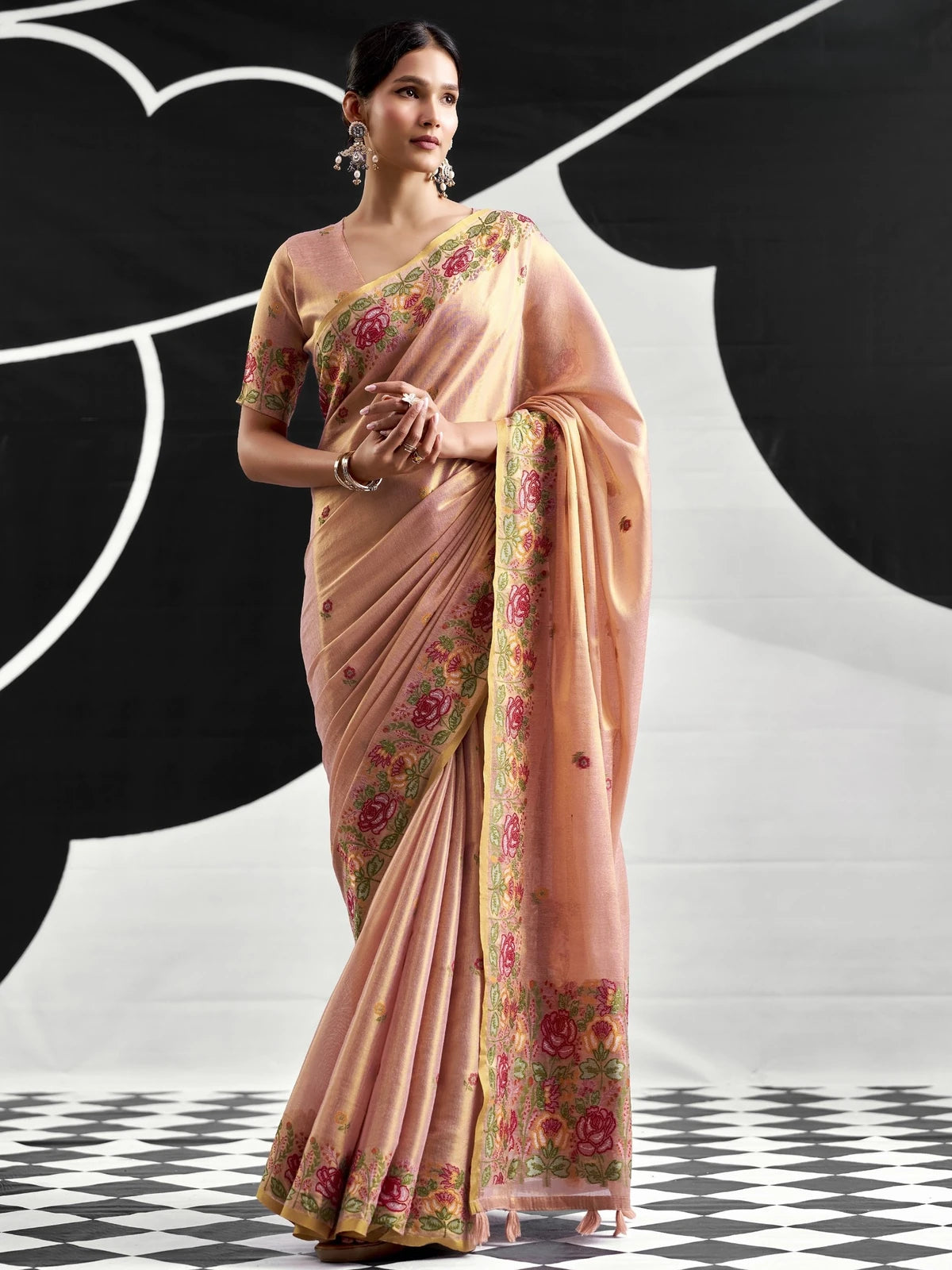 Tarani peach Tissue Silk saree full front view with floral woven border and blouse piece