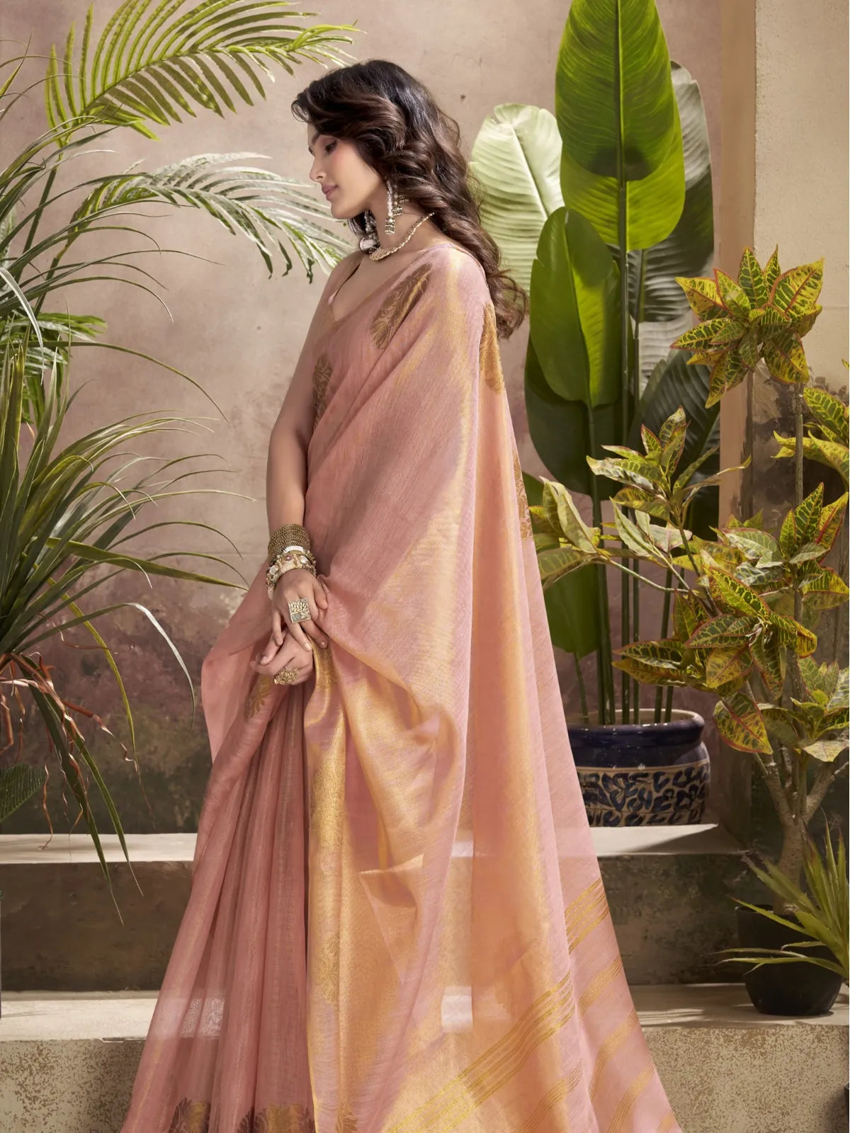 Tarani peach pink tissue silk saree elegant woven design side view