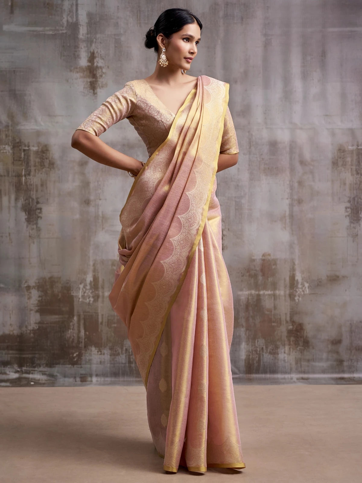 Tarani peach tissue silk saree side-view with woven border and unstitched blouse Sanskruti