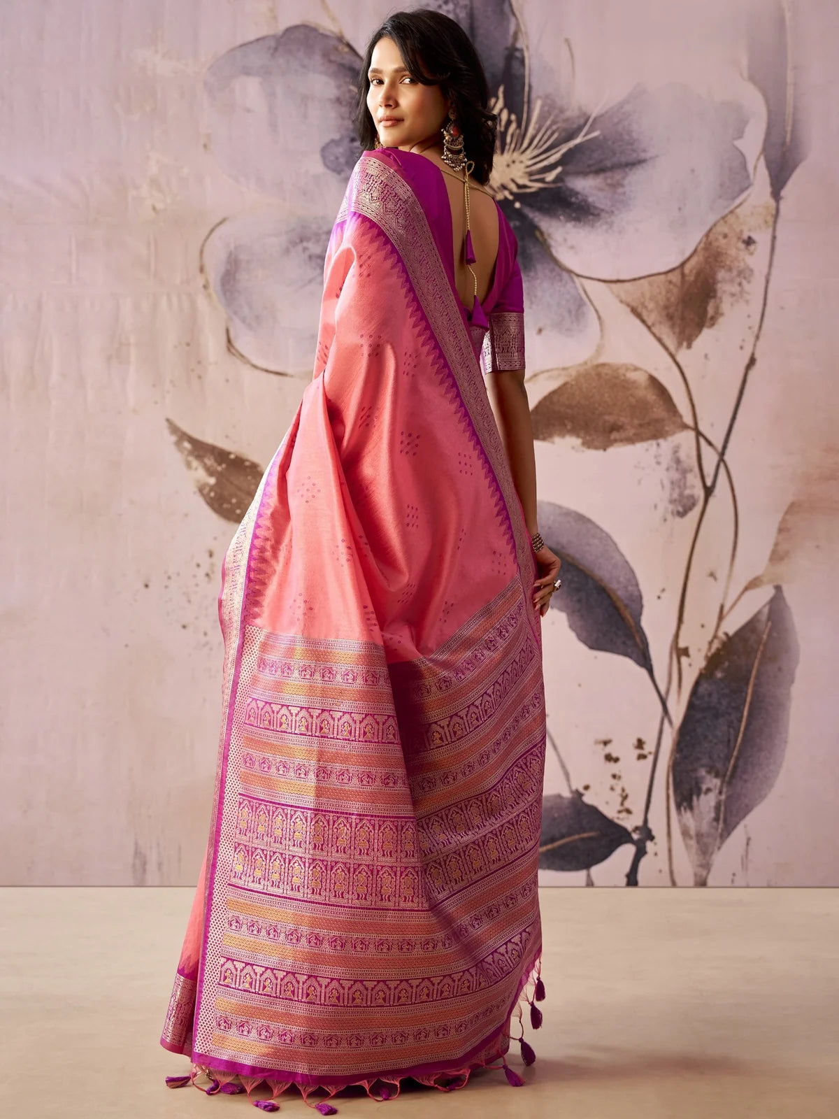 Tarani pink Tissue Silk saree back view displaying jacquard pallu