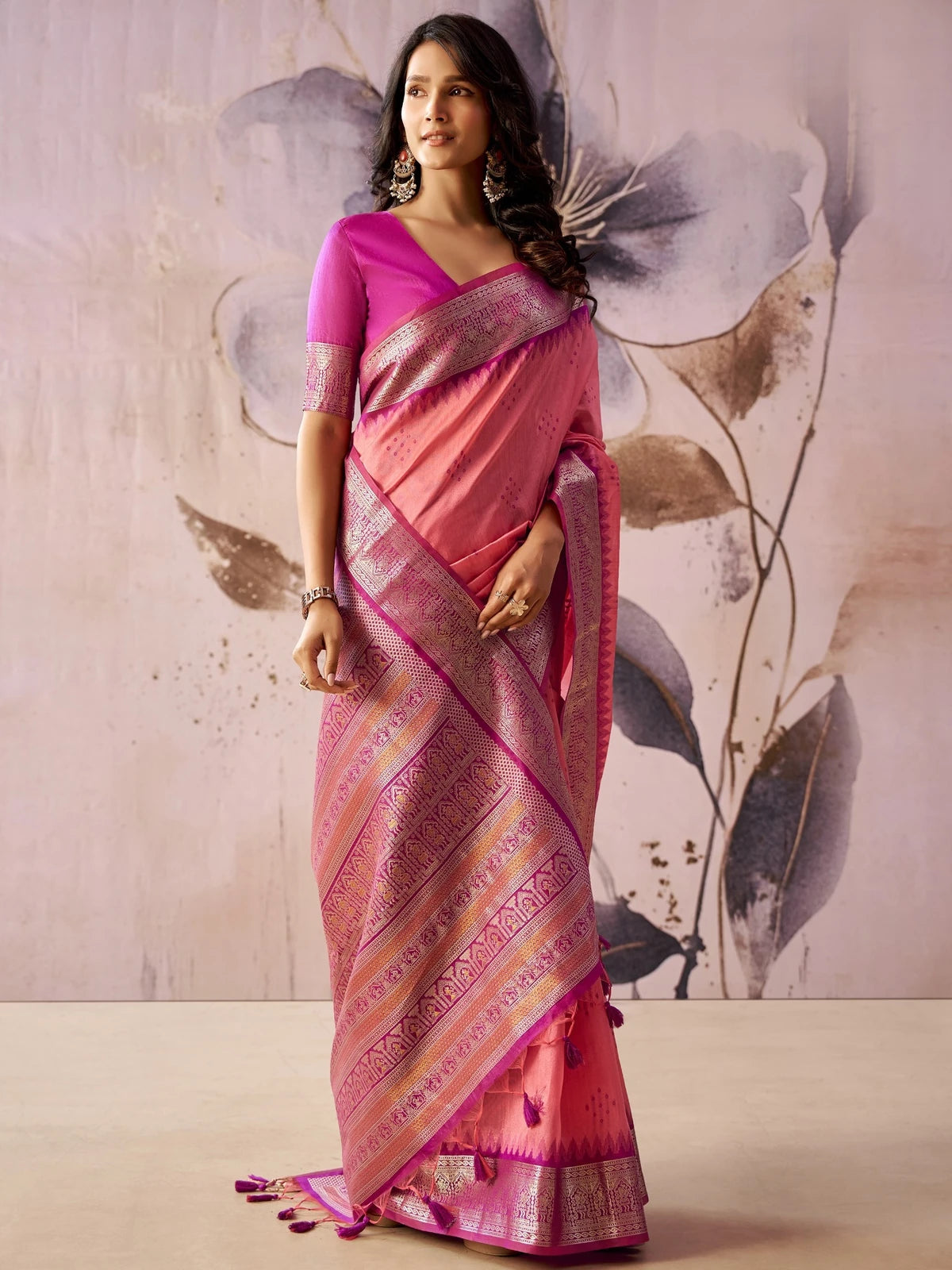 Tarani pink Tissue Silk saree front view with elegant jacquard pallu