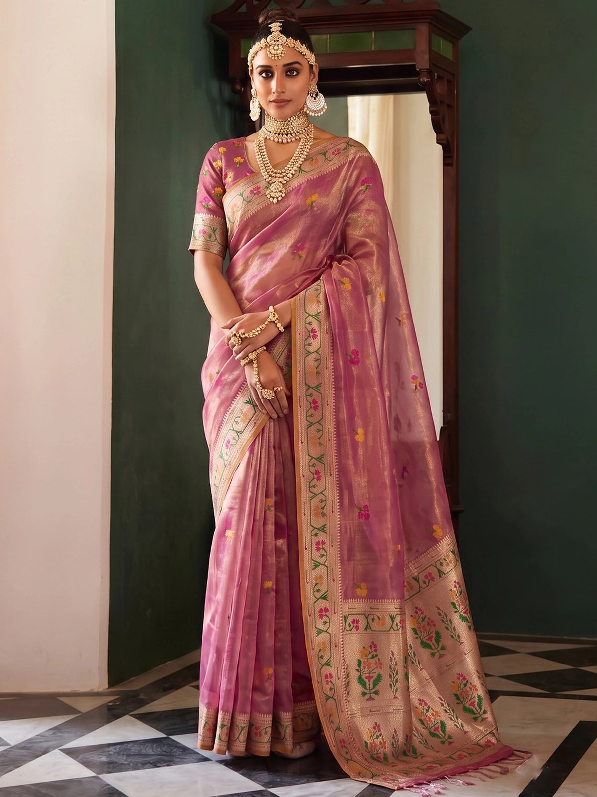 Tarani Mahati pink tissue silk saree with designer woven pallu border front view