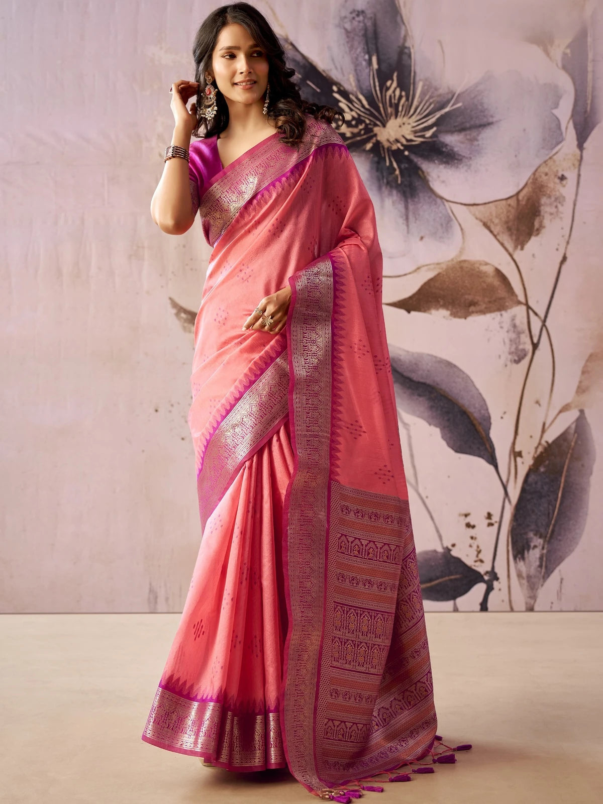 Tarani pink Tissue Silk saree with zari weaving border and jacquard pallu full view