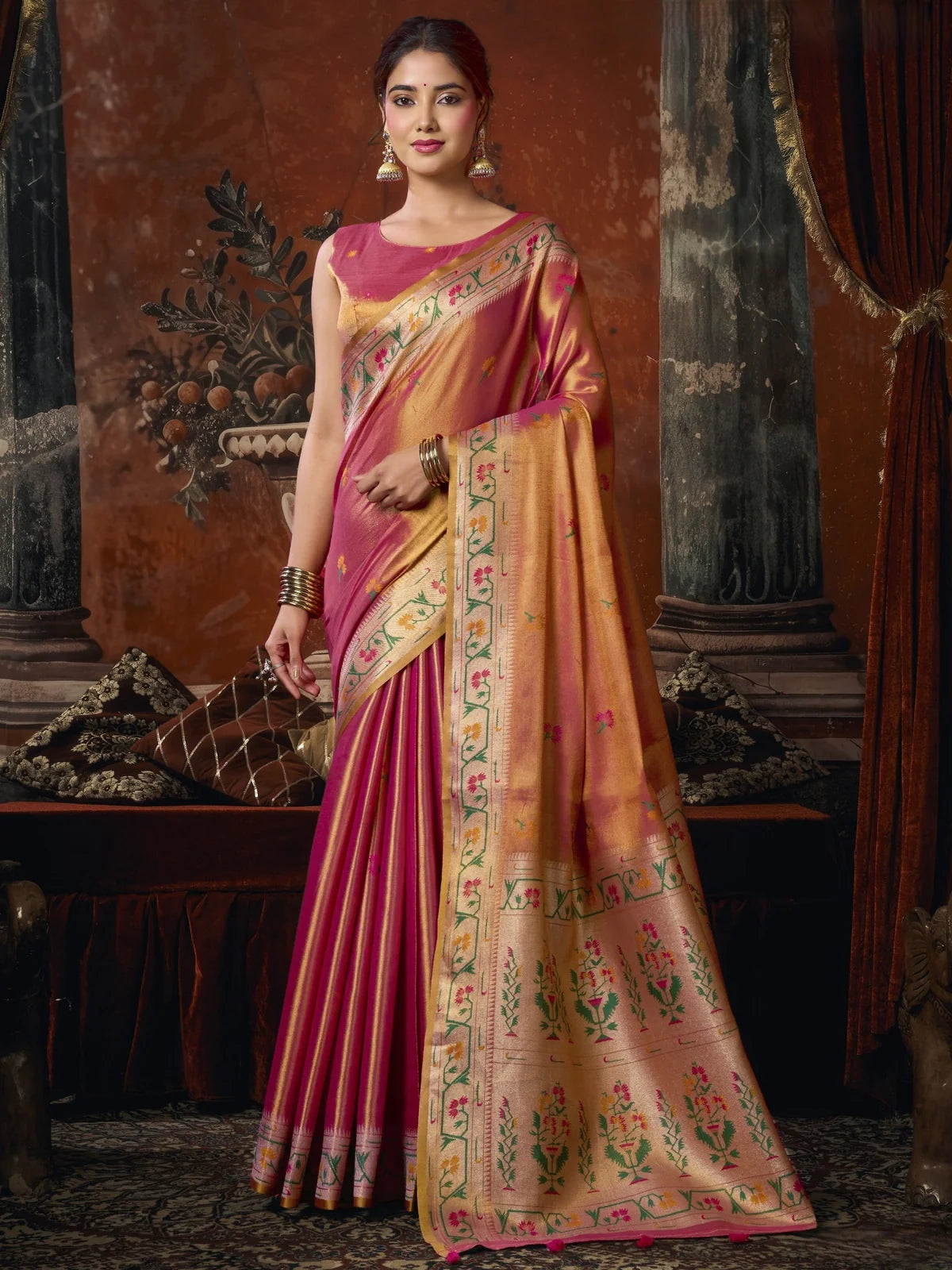 Tarani premium pink Tissue Silk Paithani saree full view with woven border and tassels