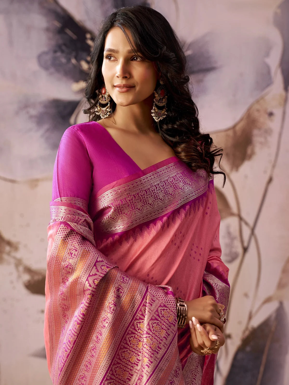 Tarani pink Tissue Silk saree upper body view highlighting zari woven border