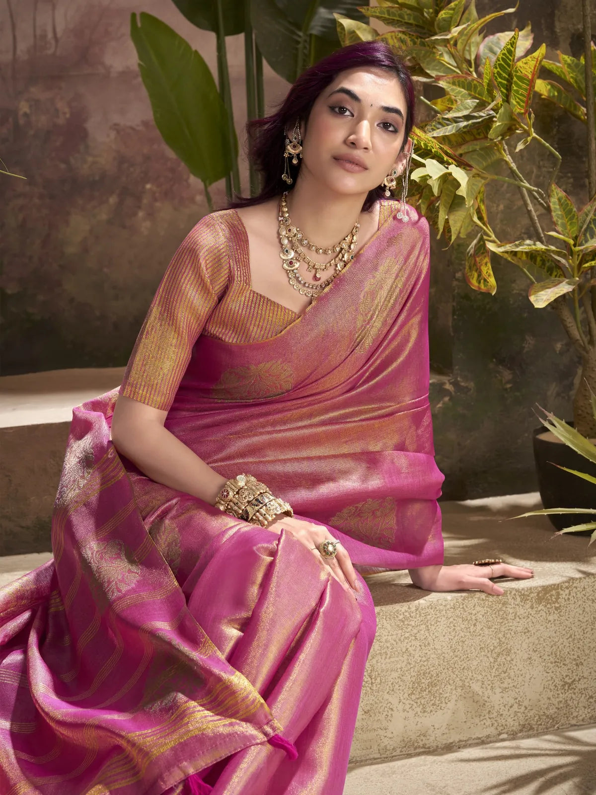 Tarani designer pink tissue silk saree upper body view with jewelry