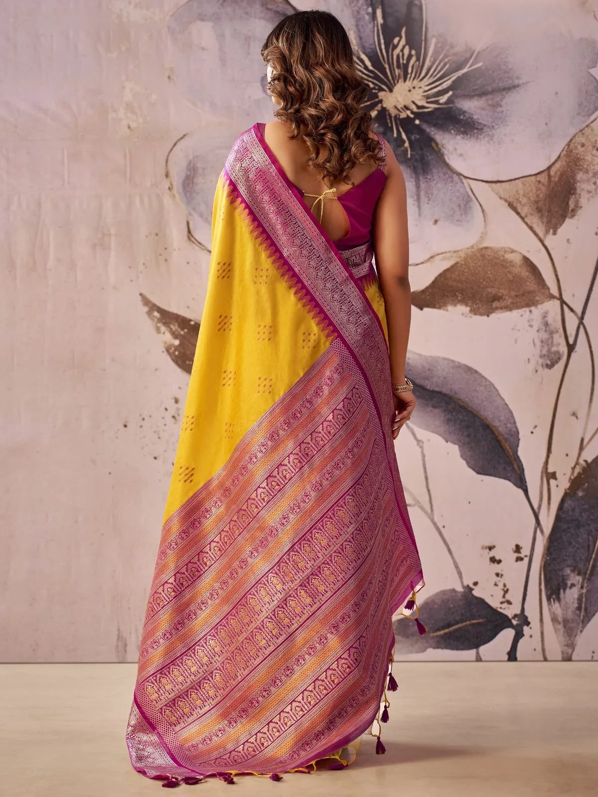 Tarani yellow Tissue Silk saree back view displaying pallu and blouse design