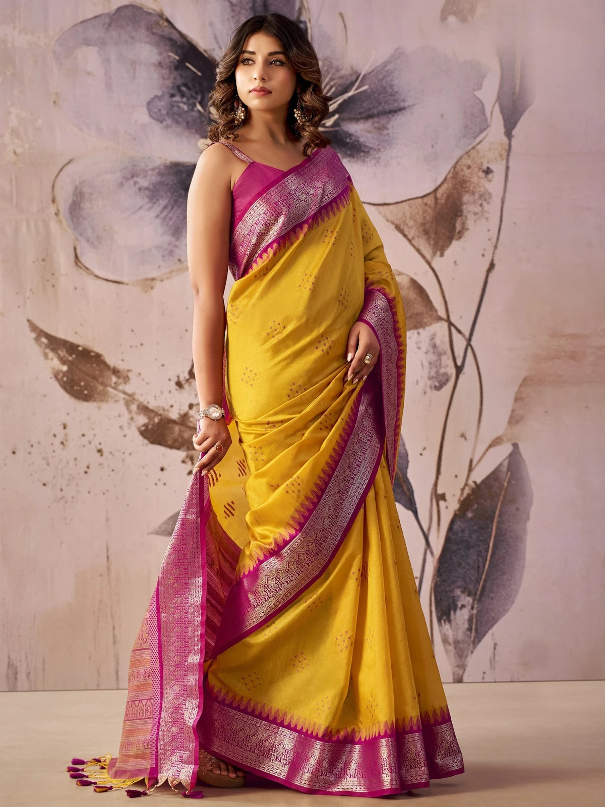 Tarani yellow Tissue Silk saree full view with zari weaving border and Jacquard pallu for wedding wear