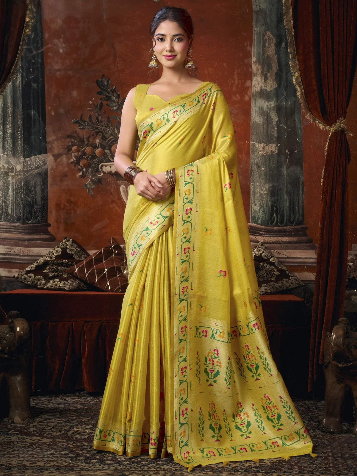 Tarani yellow premium tissue silk saree full view with Paithani pallu and border for festive and wedding wear