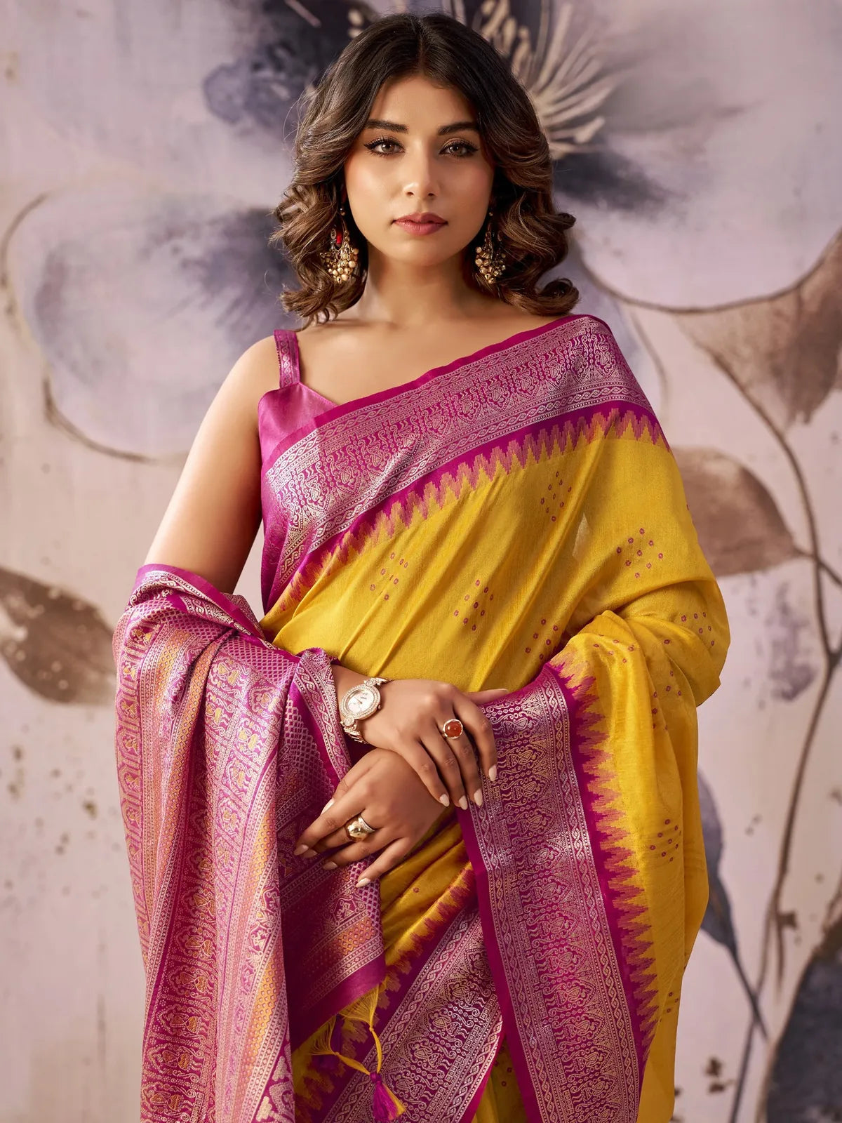 Tarani yellow Tissue Silk saree upper body view showing zari woven border and blouse