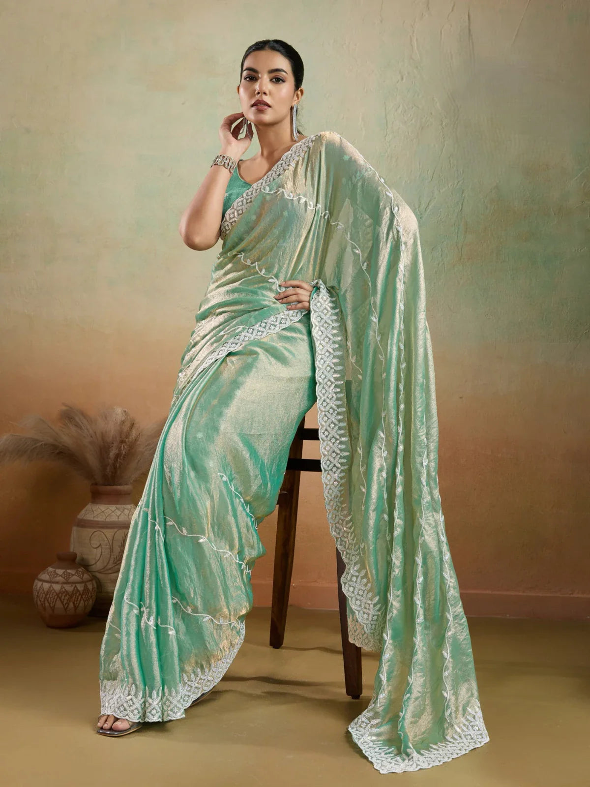 Tarani premium green velvet chiffon saree full view with sequins embroidery and leheriya design
