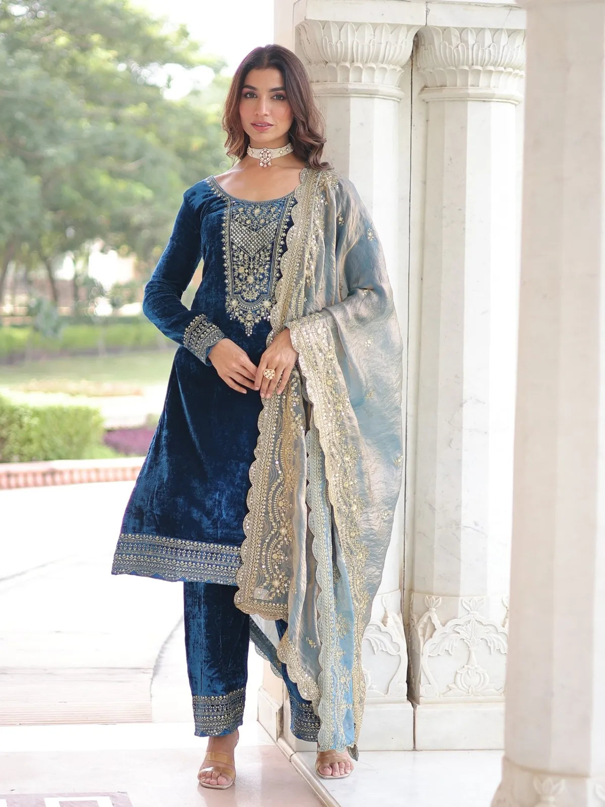 Tarani blue velvet party dress with embroidery and sequin dupatta front full view