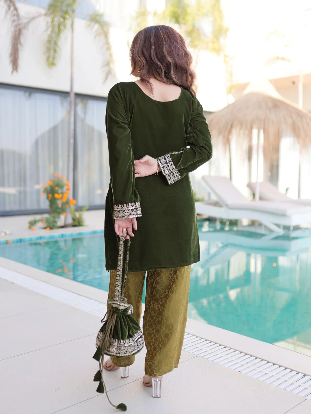 Tarani back view of green velvet embroidered dress with batwa – traditional ethnic outfit for functions