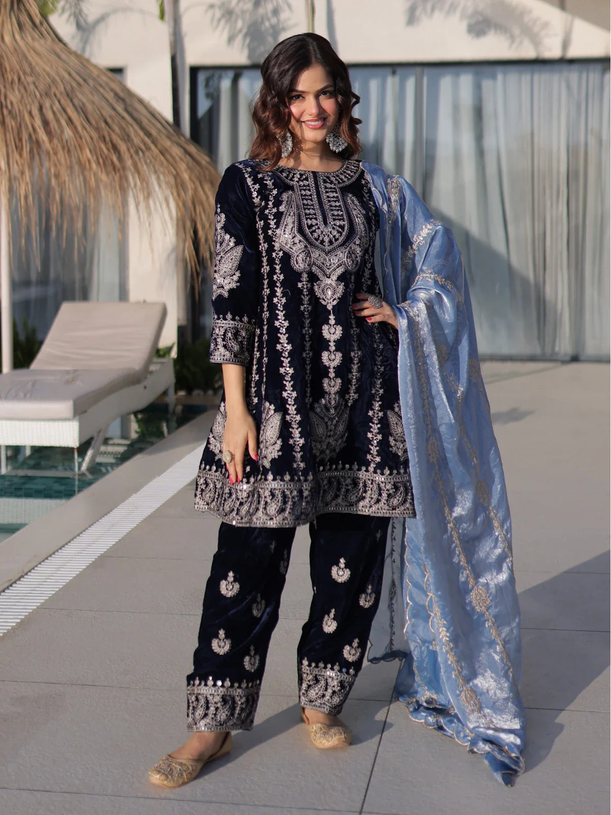 Tarani navy blue velvet dress with zari embroidery front view and fendi dupatta for festive occasions