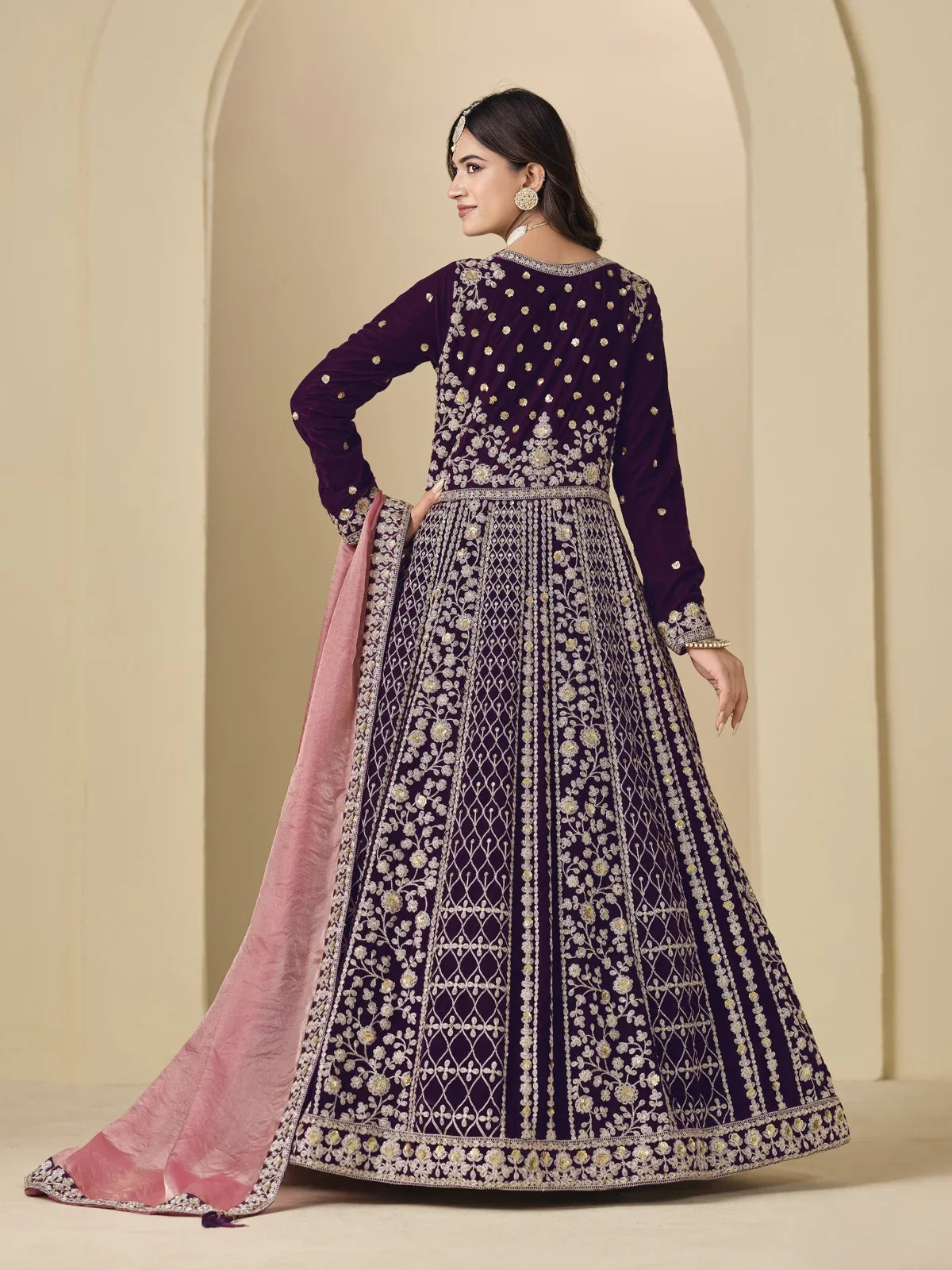 Back view of Tarani purple velvet embroidered dress with detailed work and elegant drape