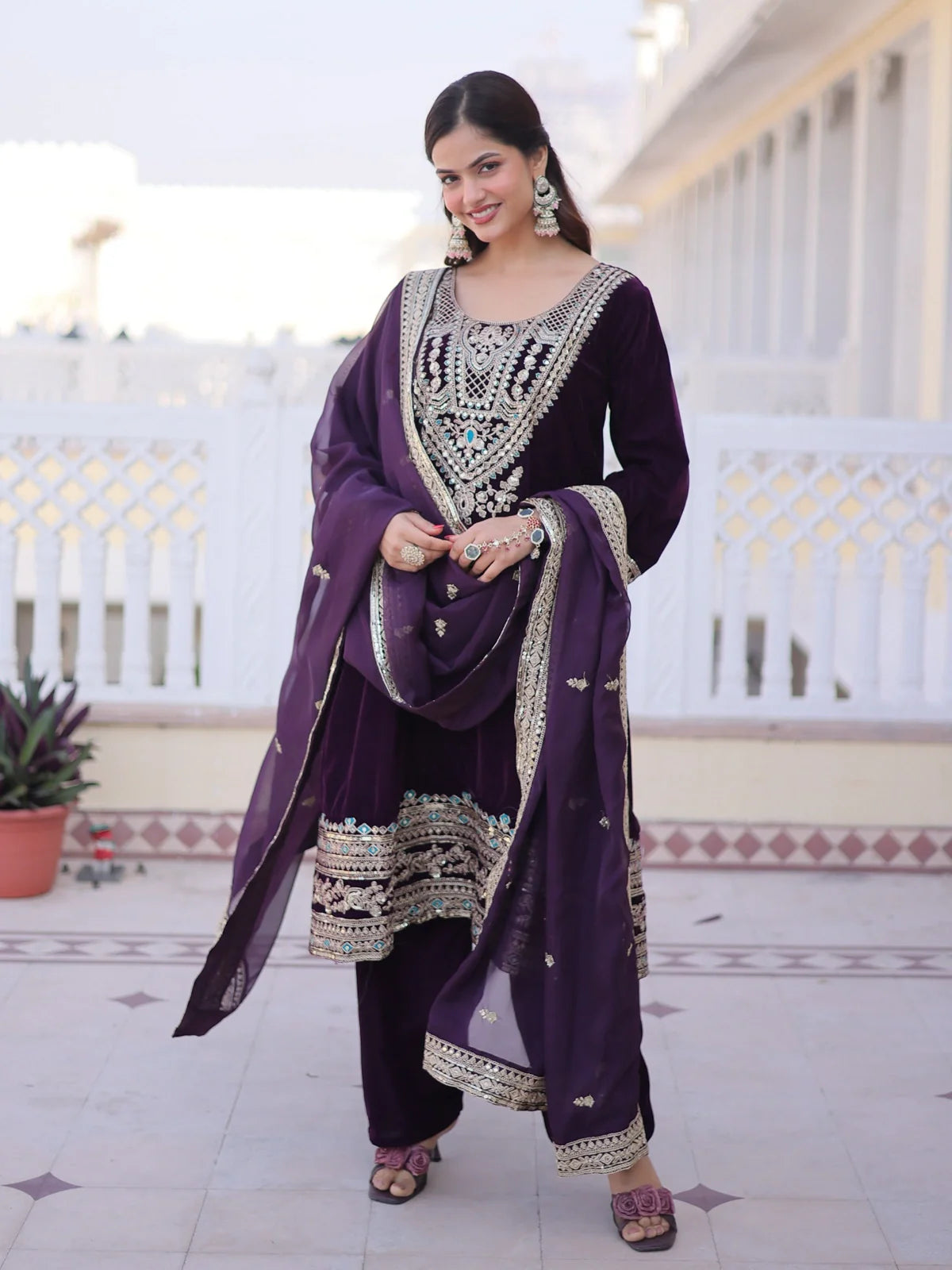 Tarani premium velvet purple dress with mirror neckline and embroidery front view