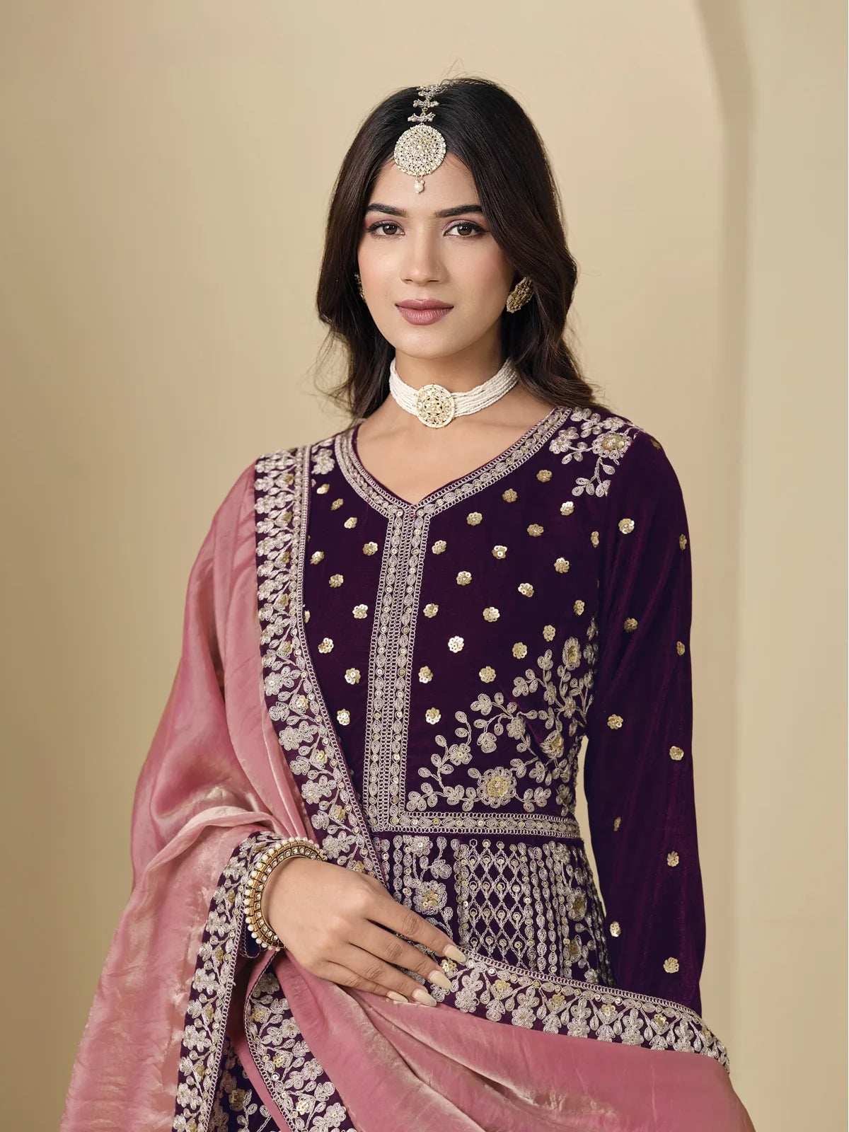 Tarani embroidered purple velvet dress featuring neckline and sleeve detailing in upper body view