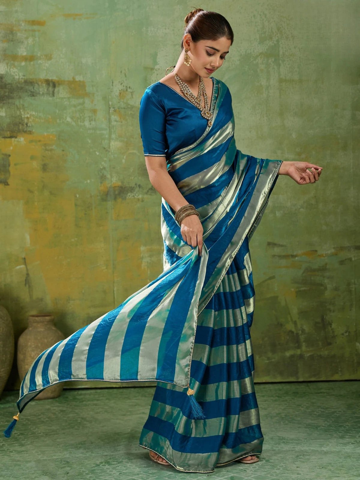 Tarani blue velvet satin saree with metallic patta front-view view Anvita