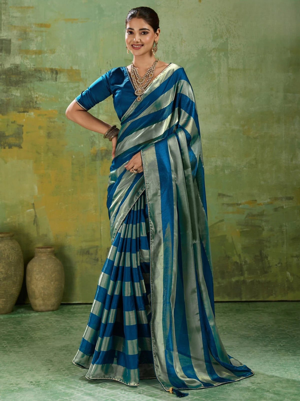 Tarani blue velvet satin saree with metallic patta full-view view Anvita