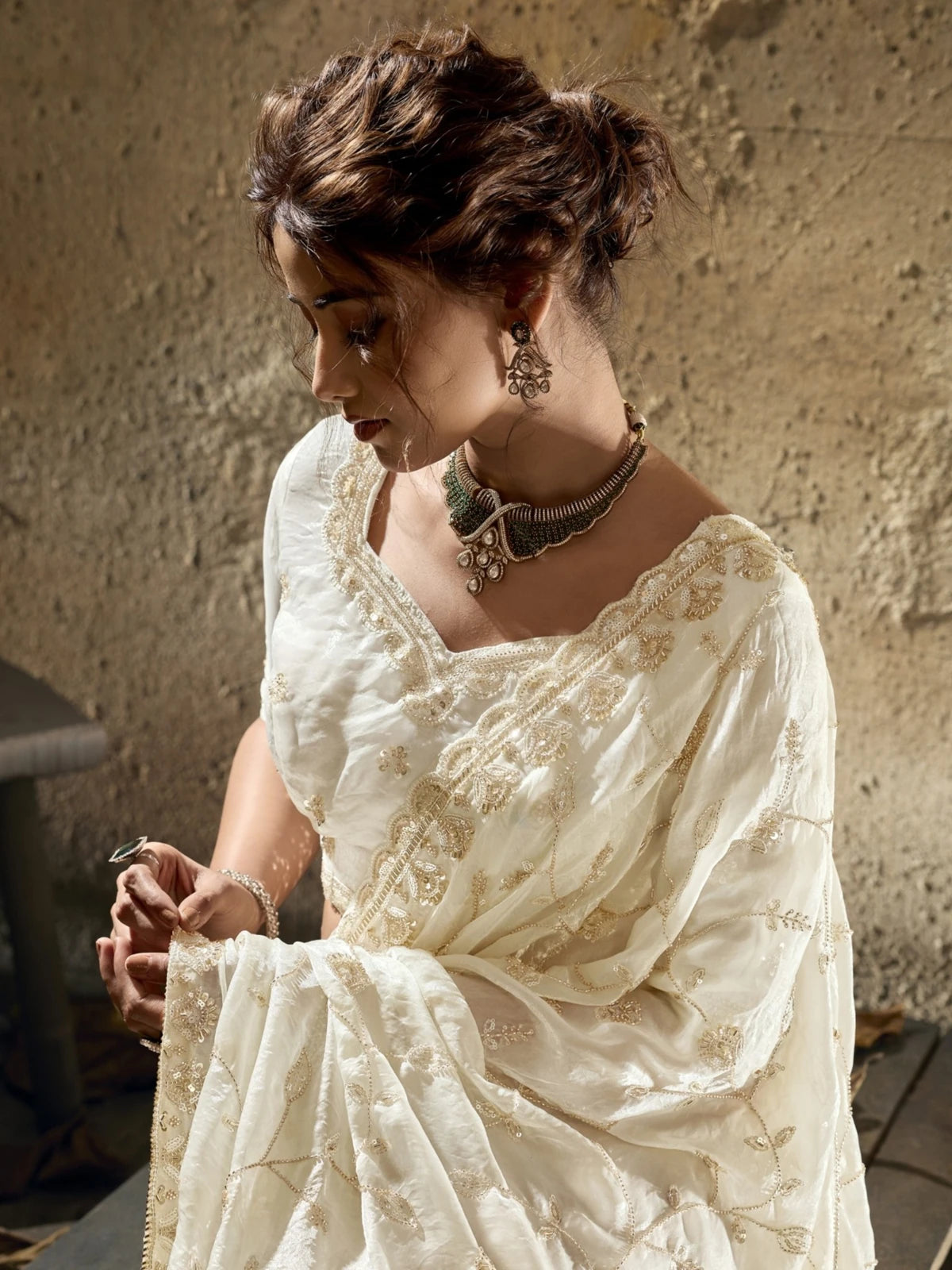 Tarani off white Velvet Satin saree with beads sequins pearl zari work closeup view