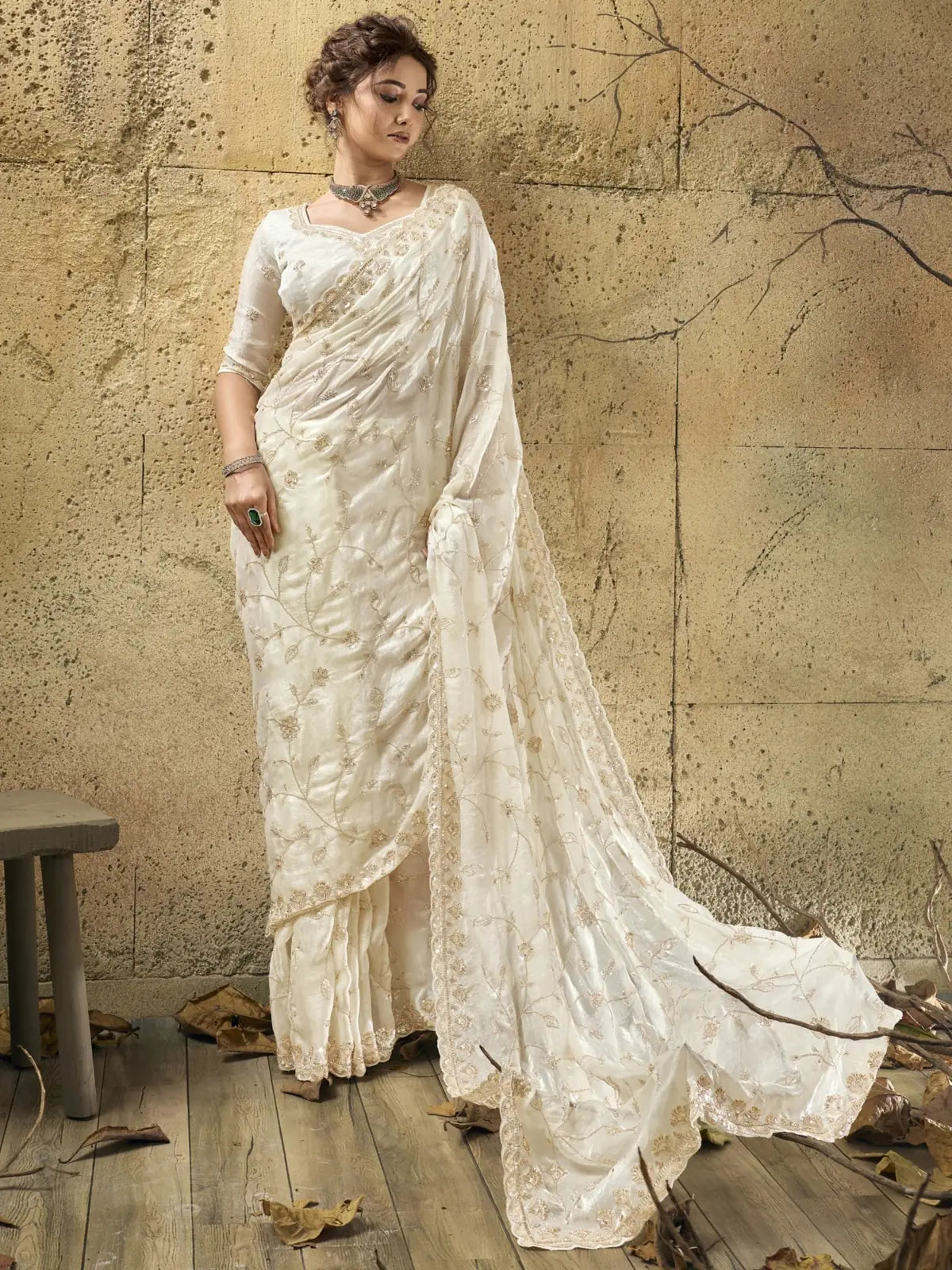 Tarani off white Velvet Satin saree with beads sequins pearl zari work full view