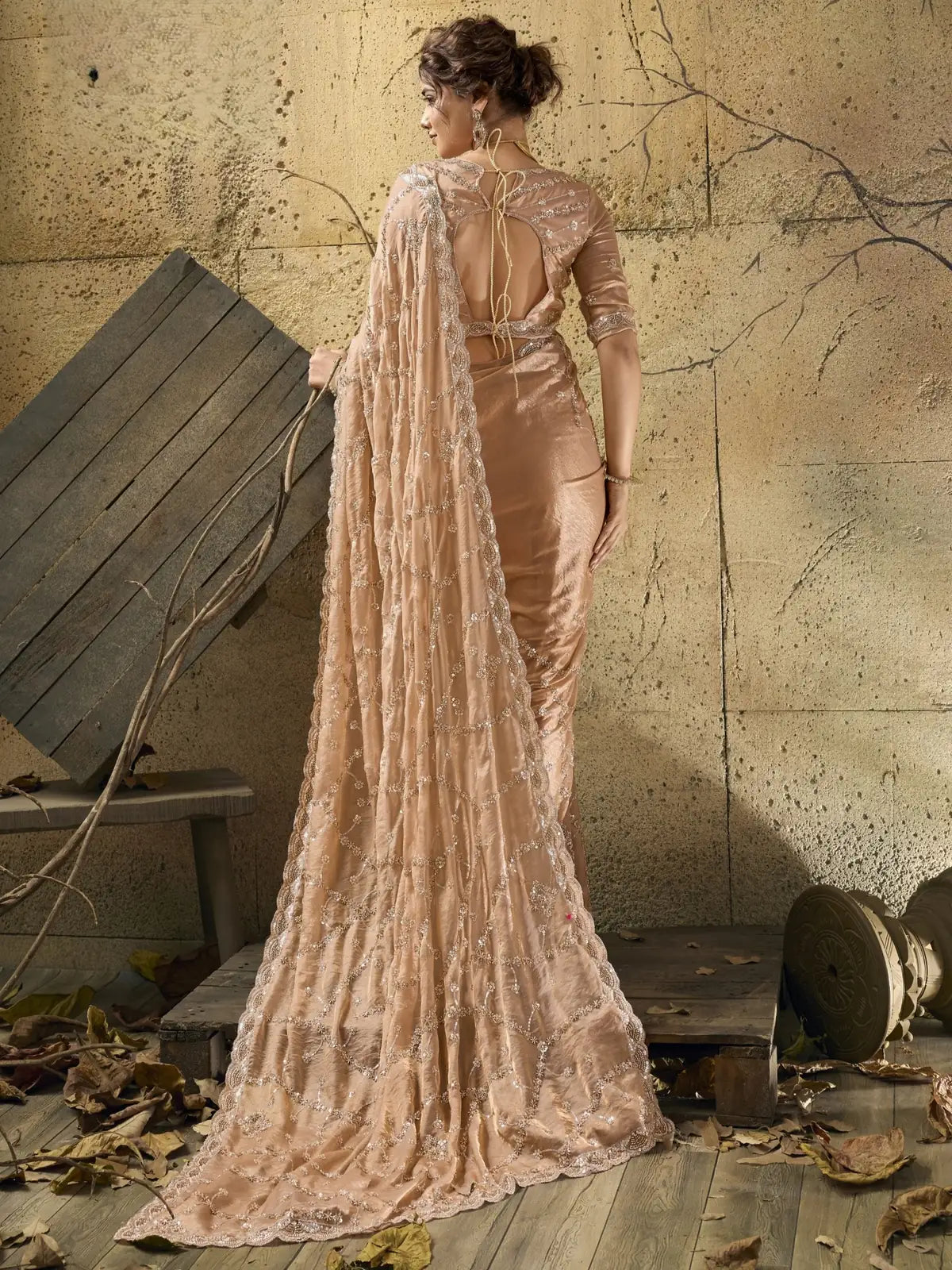 Tarani peach Velvet Satin saree back view featuring designer heavy blouse