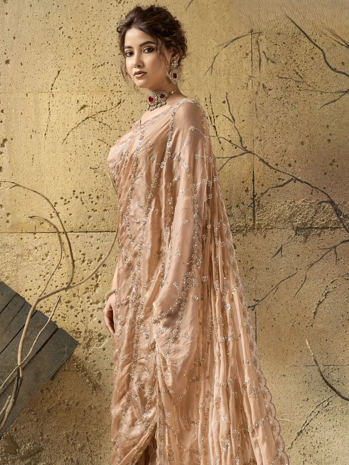Tarani peach Velvet Satin saree side view showcasing elegant drape and border