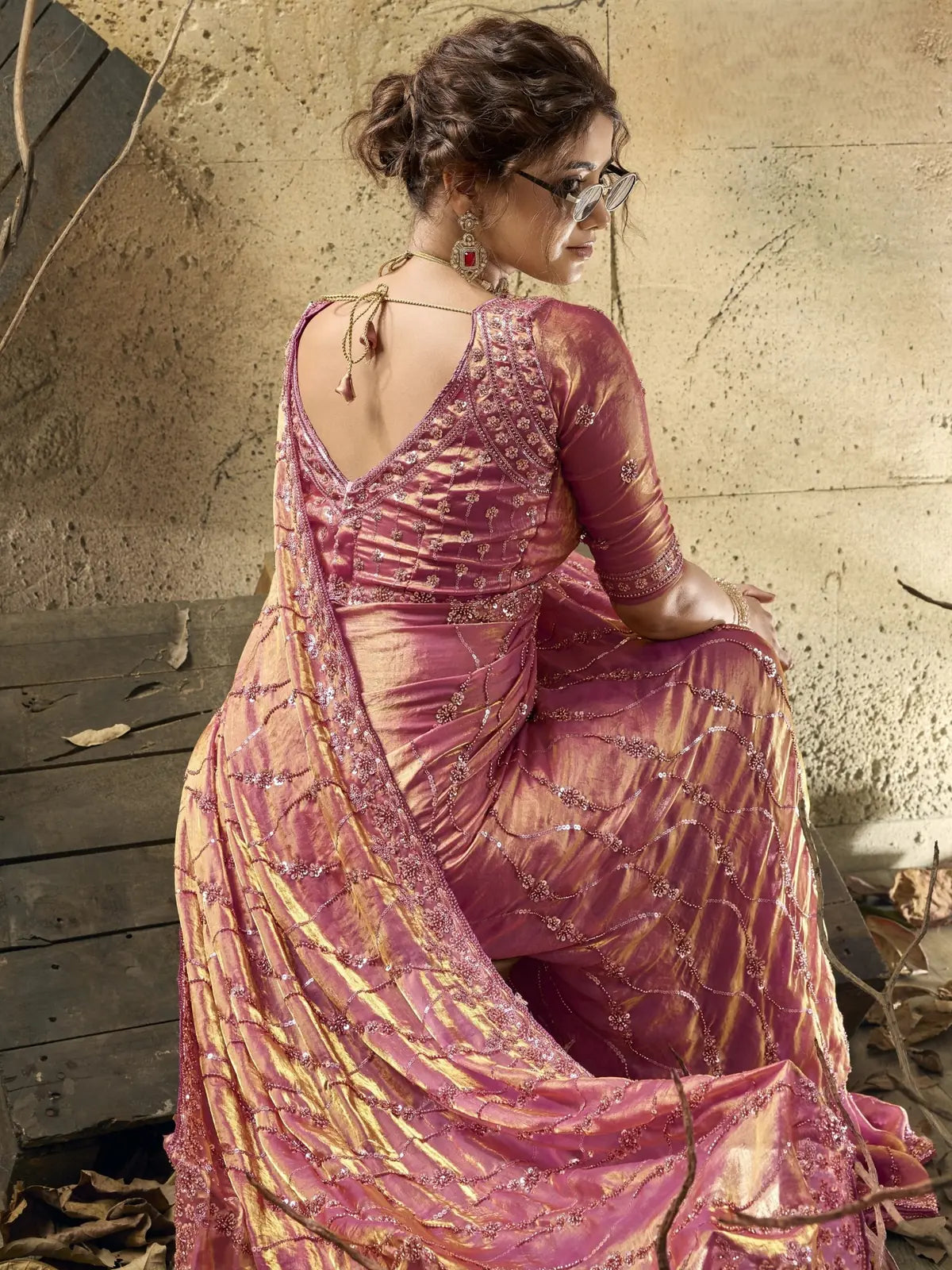 Tarani pink Velvet Satin saree with beads sequins pearl zari work back view Revanshi