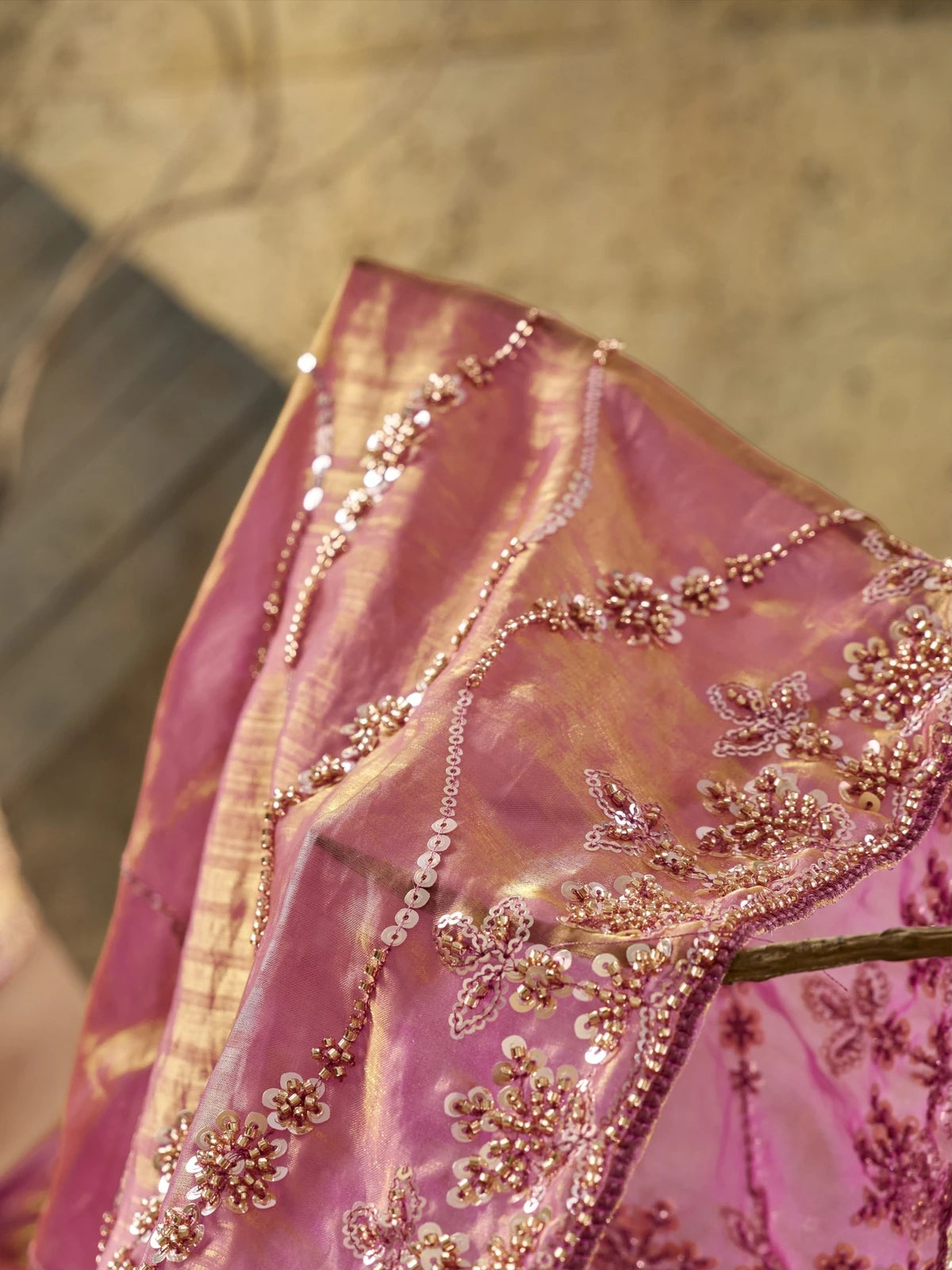 Tarani pink Velvet Satin saree with beads sequins pearl zari work closeup view Revanshi