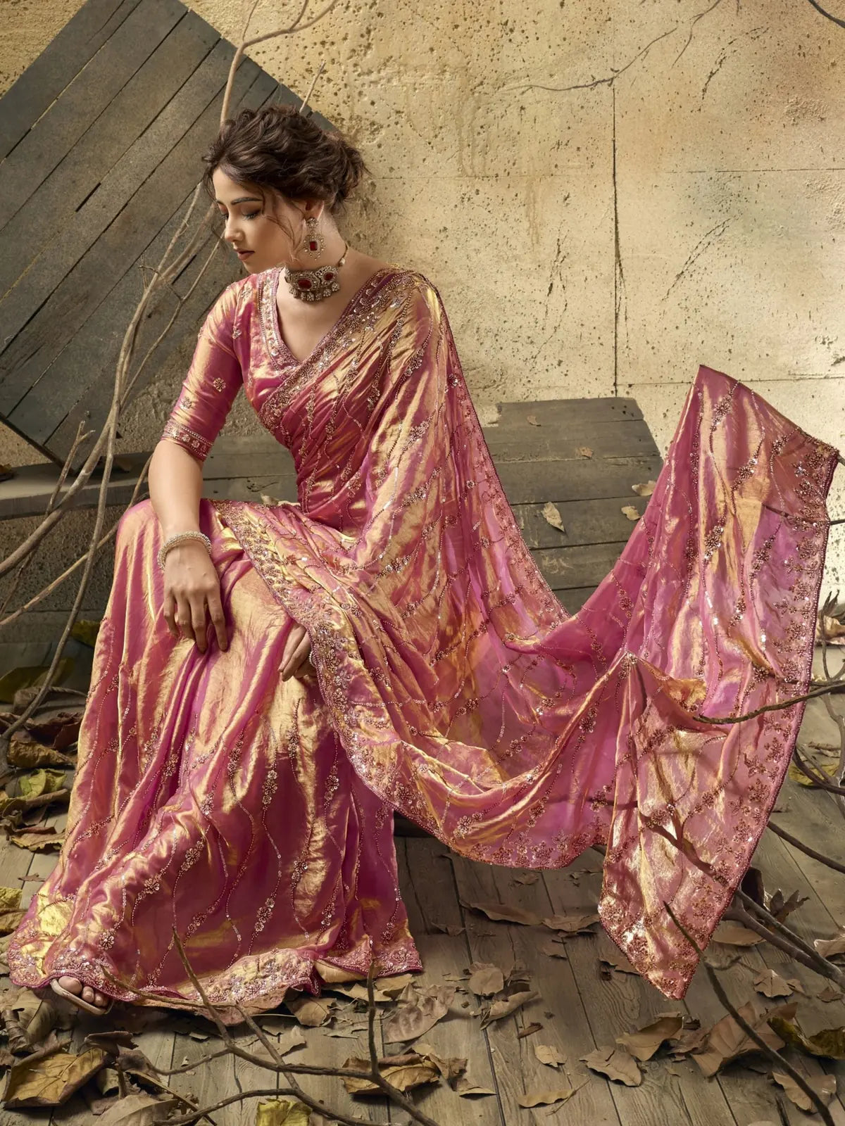 Tarani pink Velvet Satin saree with beads sequins pearl zari work front view Revanshi