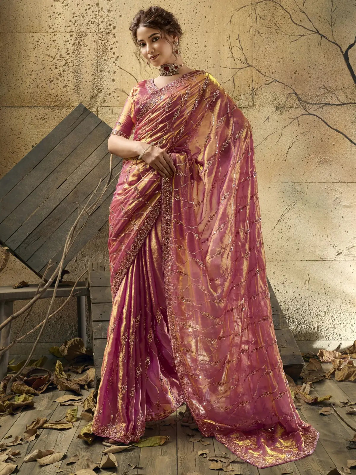 Tarani pink Velvet Satin saree with beads sequins pearl zari work full view Revanshi