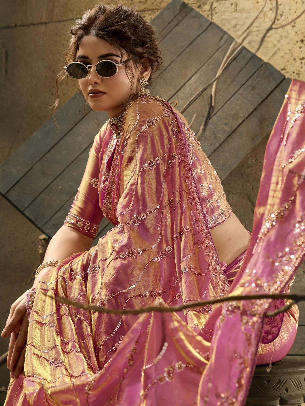 Tarani pink Velvet Satin saree with beads sequins pearl zari work upper body view Revanshi