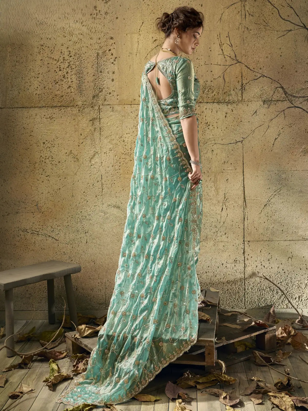 Tarani sea green velvet satin saree back-view