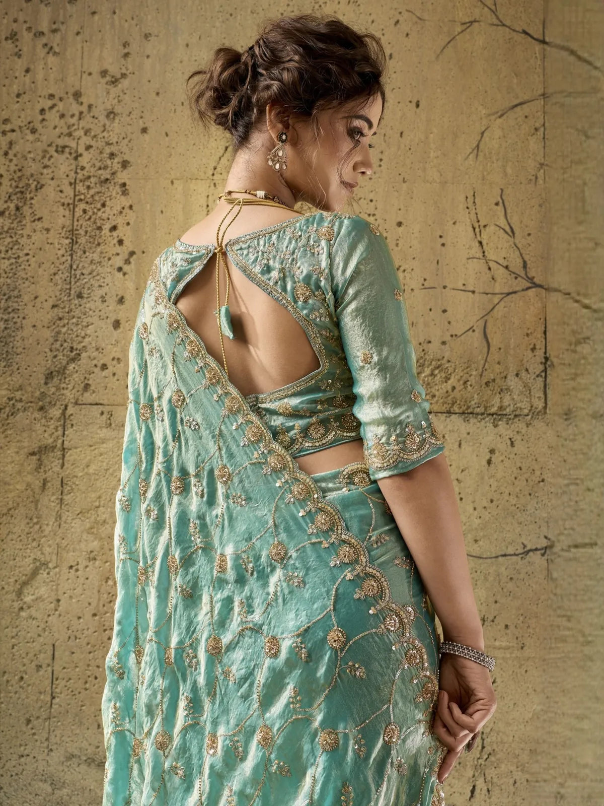 Tarani sea green velvet satin saree blouse-view