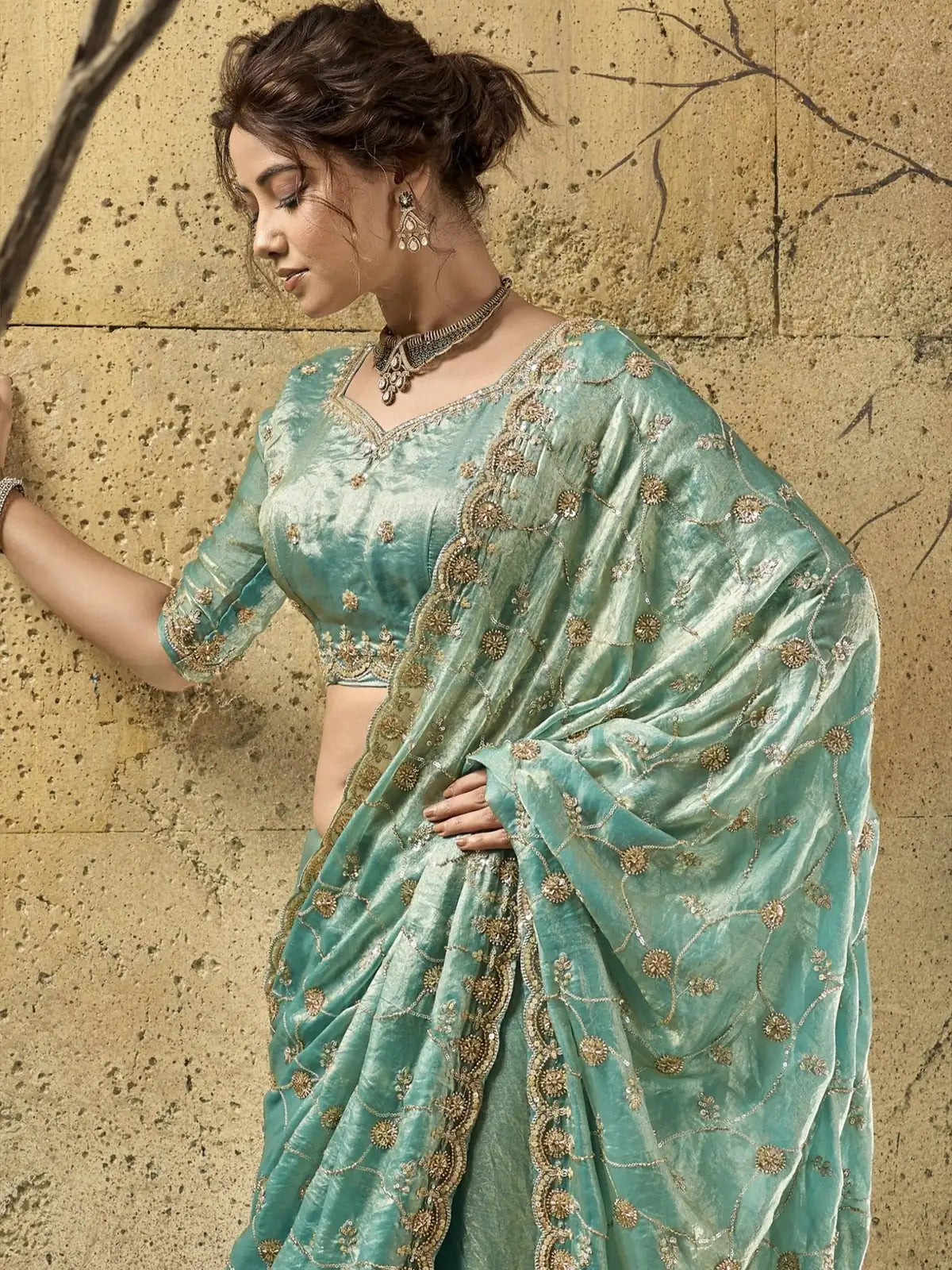 Tarani sea green velvet satin saree side-view