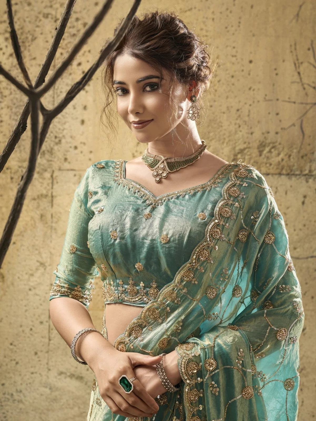 Tarani sea green velvet satin saree upper-body-view