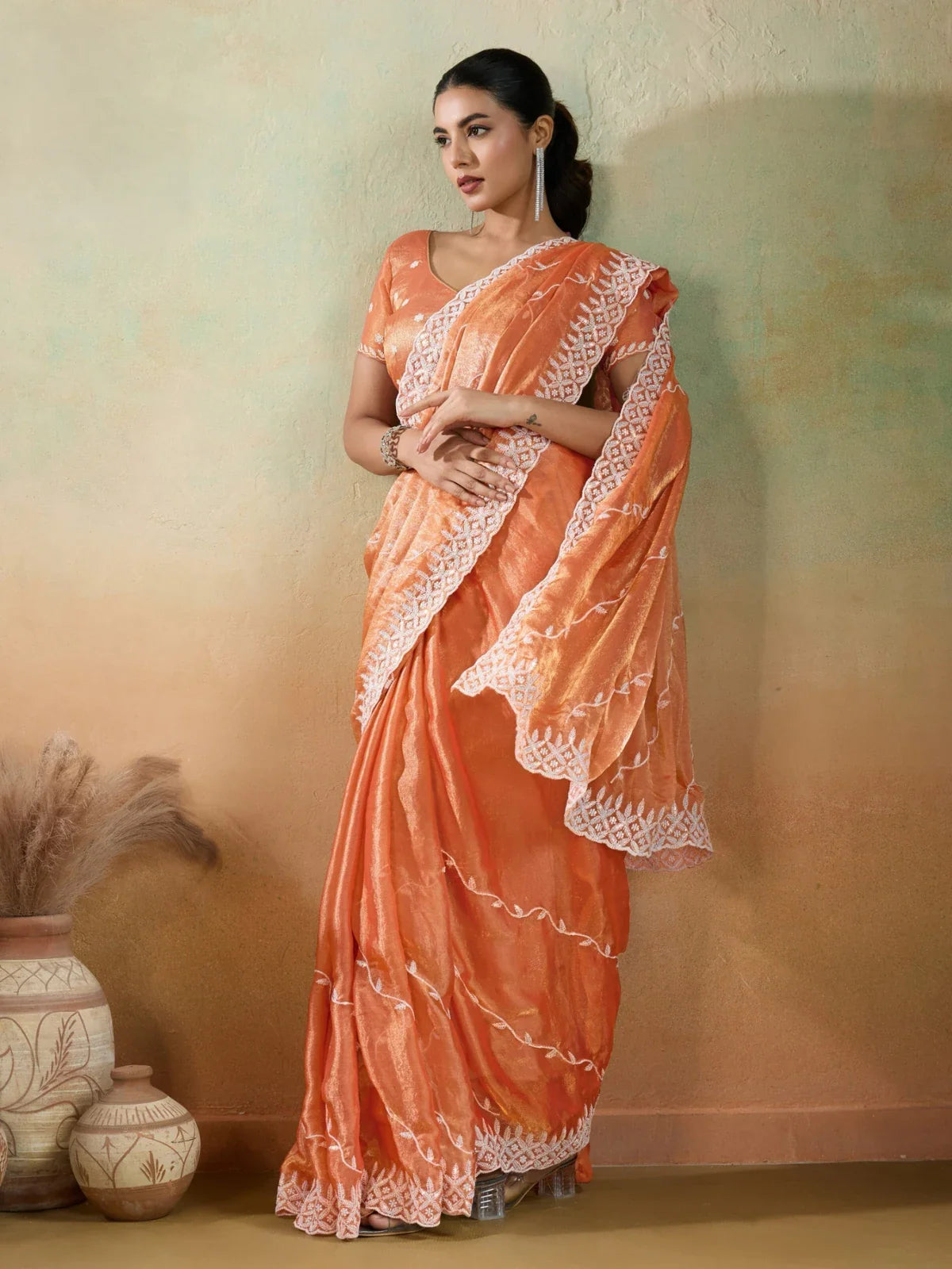 Tarani orange velvet chiffon saree full view with intricate white embroidery for party wear