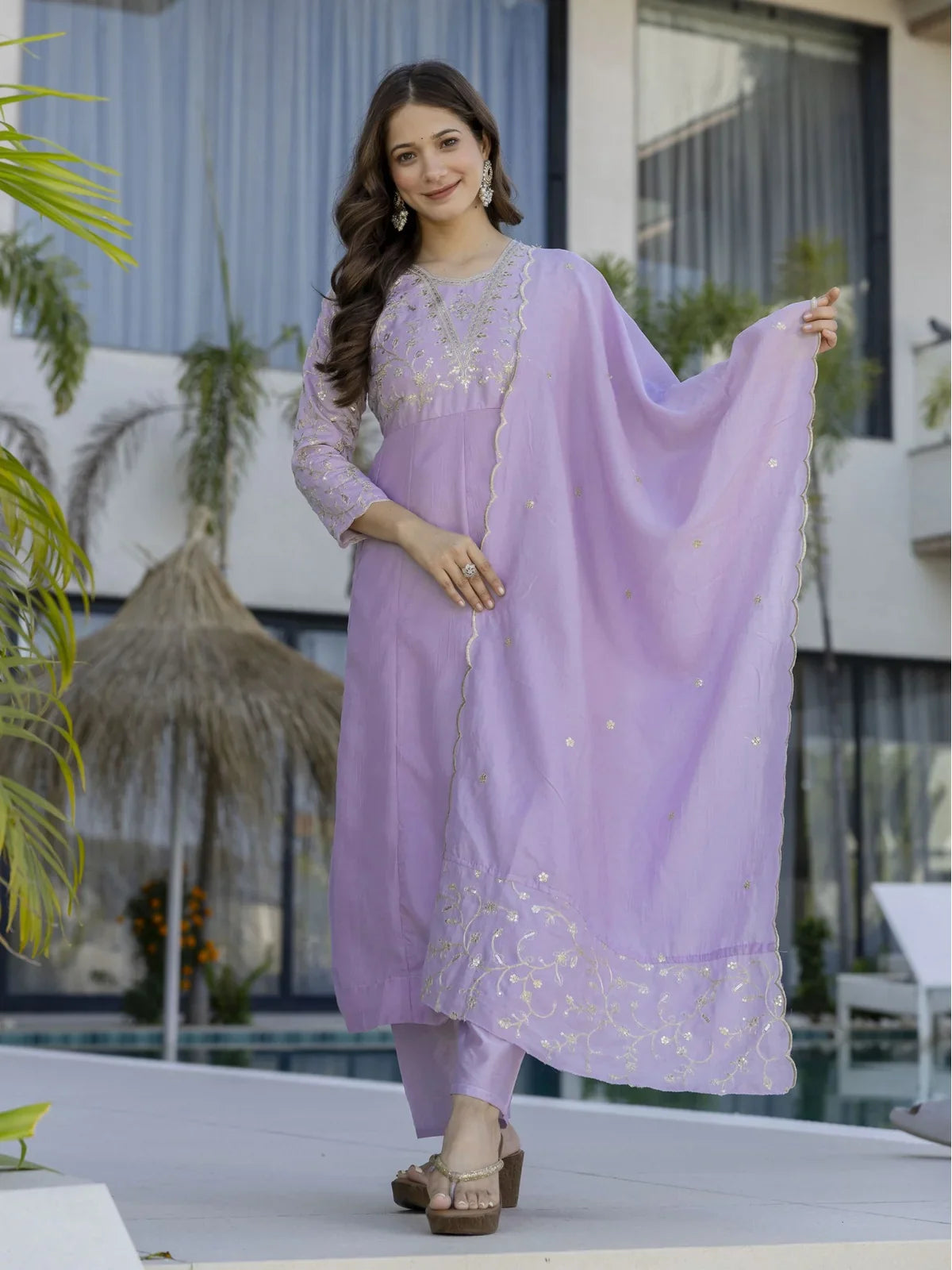 Tarani lavender vichitra silk festive dress with pant and dupatta front view