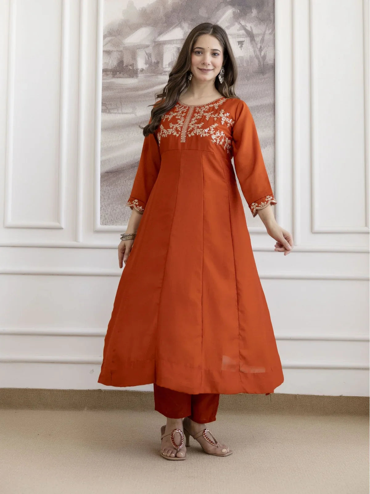 Tarani orange vichitra silk festive kurti set with elegant stitching visible in front view