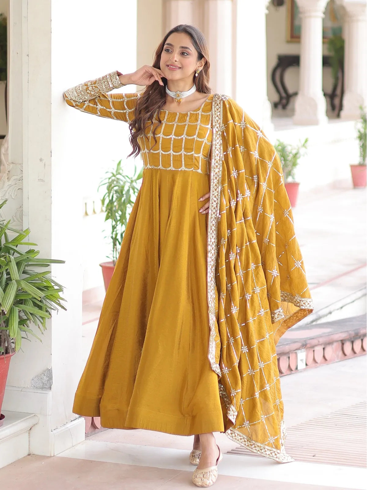 Tarani mustard vichitra gown with full embroidery and dupatta in full view