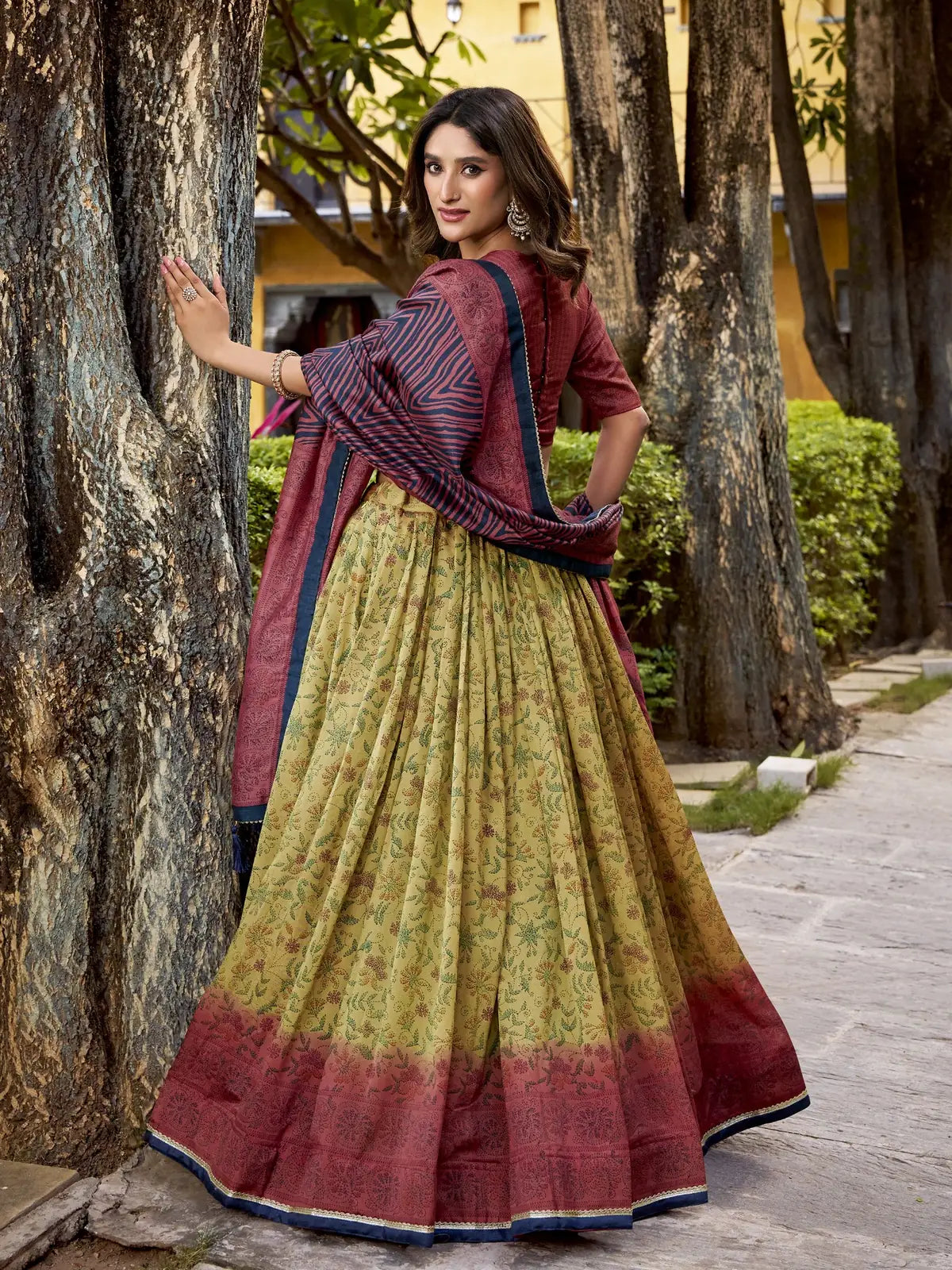 Tarani green printed vichitra silk lehenga set with blouse and dupatta in back view - trn39020126gandharika
